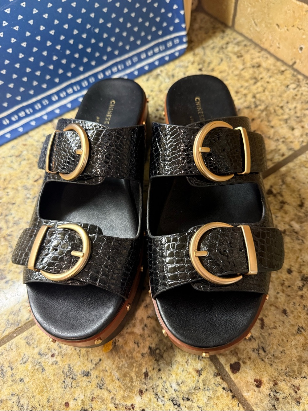 Chinese Laundry Black Croc-Texture Double-Buckle Slide Mules with Gold Buckles